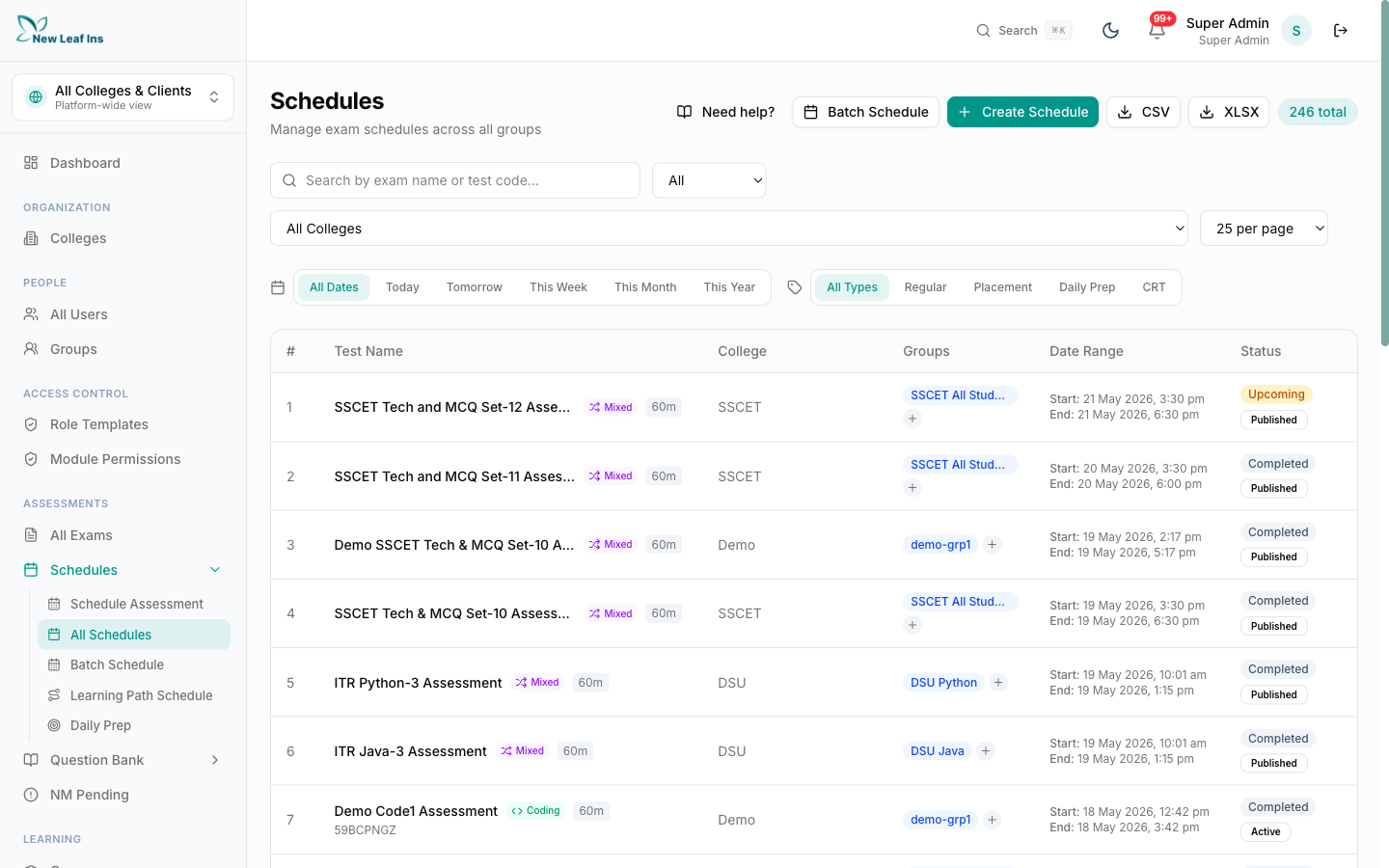 Schedules page listing upcoming exams across cohorts